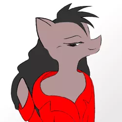 Size: 512x512 | Tagged: safe, artist:kody wiremane, derpibooru import, oc, oc:blackie wiremane, unofficial characters only, earth pony, pony, semi-anthro, adult, arm hooves, avatar, bangs, bedroom eyes, clothes, dark hair, dark mane, dark skin, fang out, girly, girly stallion, gradient background, hair flip (action), lip bite, long hair, long hair male, long mane, long mane male, male, off shoulder, raised eyebrow, red clothes, simple coloring, smiling, smiling at you, solo, stallion, waving