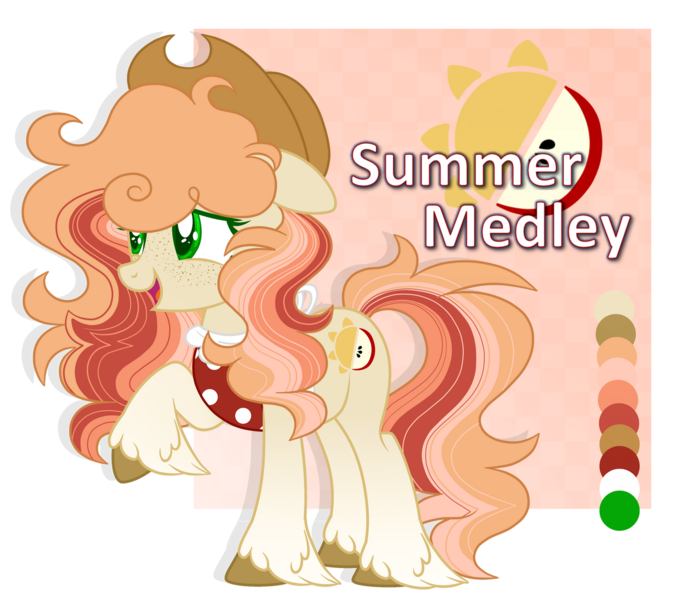 Size: 1280x1123 | Tagged: safe, artist:blazenly-obvious, artist:lazuli, derpibooru import, oc, oc:summer medly, unofficial characters only, earth pony, pony, apron, base used, clothes, cowboy hat, earth pony oc, female, floppy ears, freckles, hat, offspring, parent:big macintosh, parent:fluttershy, parents:fluttermac, simple background, solo, transparent background, unshorn fetlocks