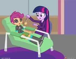 Size: 4000x3090 | Tagged: safe, artist:dieart77, derpibooru import, scootaloo, twilight sparkle, equestria girls, absurd resolution, boots, clothes, commission, duo, hypnosis, hypnotized, open mouth, pocket watch, psychologist, shoes, shorts, swirly eyes
