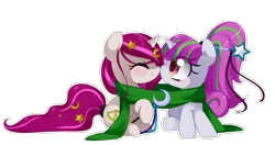 Size: 1896x1000 | Tagged: safe, artist:loyaldis, derpibooru import, oc, oc:zew, oc:zippi, unofficial characters only, pony, unicorn, boop, clothes, cute, female, filly, foal, happy, noseboop, ocbetes, scarf, simple background, smiling, transparent background, wand