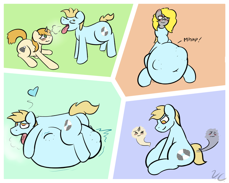 Size: 1500x1200 | Tagged: questionable, artist:voraciouscutie, derpibooru import, oc, oc:dutchie mills, oc:fresh press, oc:silverflame, earth pony, unicorn, belly, comic, digestion, eat your friends day, sentient fat, vore, weight gain