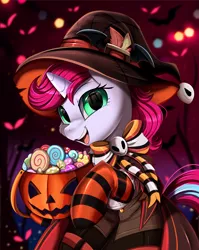 Size: 2550x3209 | Tagged: safe, artist:pridark, derpibooru import, part of a set, oc, oc:blushrune, pony, unicorn, clothes, commission, female, halloween, hat, high res, holiday, jack-o-lantern, mare, open mouth, pumpkin, socks, solo, striped socks, witch hat, ych result