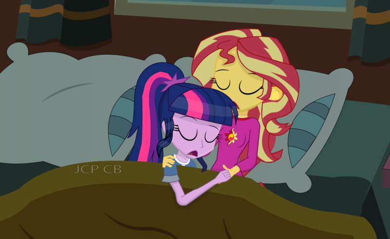 Size: 1169x717 | Tagged: safe, artist:jcpreactyt, derpibooru import, sci-twi, sunset shimmer, twilight sparkle, equestria girls, equestria girls series, bed, bedroom, bedroom eyes, cuddling, female, glasses, lesbian, night, pillow, pony pile, room, scitwishimmer, shipping, sleeping, sunsetsparkle, window