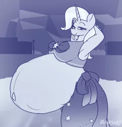 Size: 1142x1196 | Tagged: suggestive, artist:puetsua, derpibooru import, trixie, anthro, unicorn, belly, belly button, big belly, breasts, busty trixie, clothes, female, huge belly, hyper, hyper belly, hyper pregnancy, impossibly large belly, kicking, outie belly button, pregnant, profile, solo, solo female, swimsuit