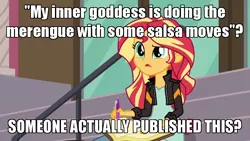 Size: 800x450 | Tagged: safe, derpibooru import, edit, edited screencap, screencap, sunset shimmer, equestria girls, friendship games, caption, confused, fifty shades of grey, image macro, journal, quote, solo, sunset's journal, text