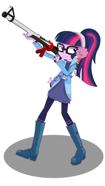 Size: 1080x1920 | Tagged: safe, artist:jcpreactyt, derpibooru import, sci-twi, twilight sparkle, equestria girls, crossover, gun, rifle, simple background, smug, sniper, sniper rifle, solo, splat charger, splatoon, transparent background, watermark, weapon