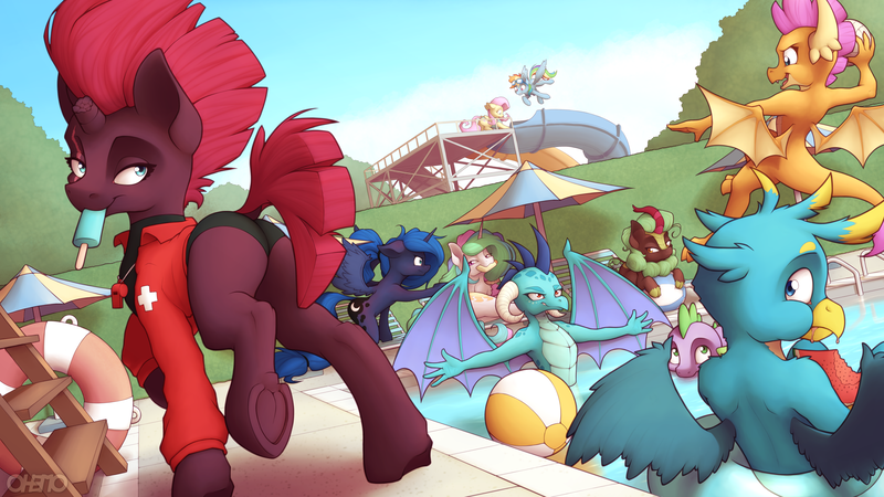 Size: 6000x3375 | Tagged: safe, artist:ohemo, derpibooru import, cinder glow, fizzlepop berrytwist, fluttershy, gallus, princess celestia, princess ember, princess luna, rainbow dash, smolder, spike, summer flare, tempest shadow, dragon, gryphon, kirin, pegasus, pony, unicorn, absurd resolution, beach ball, broken horn, butt, clothes, eating, eyes on the prize, female, food, frog (hoof), group, horn, lifeguard, male, mare, mouth hold, plot, pool party, popsicle, raised hoof, raised leg, royal sisters, siblings, sisters, smiling, swimming pool, swimsuit, underhoof, water, water slide, watermelon, whistle