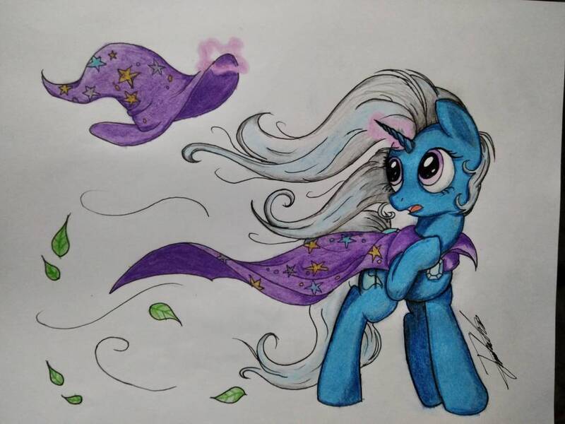 Size: 1008x756 | Tagged: safe, artist:josger1996, derpibooru import, trixie, cape, clothes, hat, leaves, solo, traditional art, trixie's cape, trixie's hat, wind, windswept mane