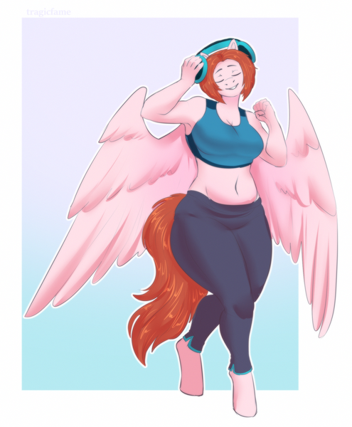 Size: 1677x2031 | Tagged: safe, artist:tragicfame, derpibooru import, oc, oc:weathervane, unofficial characters only, anthro, pegasus, unguligrade anthro, belly, belly button, breasts, cleavage, clothes, commission, digital art, eyes closed, female, headphones, plump, simple background, smiling, solo, sports bra, tail, wings