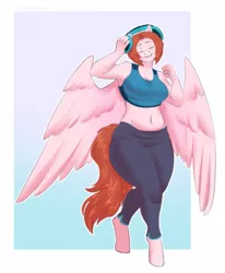 Size: 1677x2031 | Tagged: safe, artist:tragicfame, derpibooru import, oc, oc:weathervane, unofficial characters only, anthro, pegasus, unguligrade anthro, belly, belly button, breasts, cleavage, clothes, commission, digital art, eyes closed, female, headphones, plump, simple background, smiling, solo, sports bra, tail, wings
