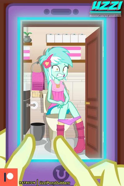 Size: 800x1200 | Tagged: suggestive, artist:uzzi-ponydubberx, derpibooru import, bon bon, lyra heartstrings, sweetie drops, equestria girls, bathroom, but why, clothes, female, offscreen character, open mouth, panties, panties around legs, patreon, patreon logo, phone, pink underwear, scared, sitting on toilet, solo focus, toilet, toilet paper, underwear, underwear swap