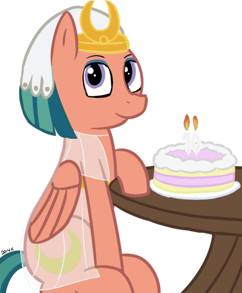 Size: 810x978 | Tagged: safe, artist:danwelo-vx, derpibooru import, somnambula, pegasus, pony, 10, cake, female, folded wings, food, happy birthday mlp:fim, headdress, mare, mlp fim's tenth anniversary, simple background, sitting, solo, table, transparent background, wings