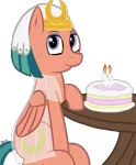 Size: 810x978 | Tagged: safe, artist:danwelo-vx, derpibooru import, somnambula, pegasus, pony, 10, cake, female, folded wings, food, happy birthday mlp:fim, headdress, mare, mlp fim's tenth anniversary, simple background, sitting, solo, table, transparent background, wings