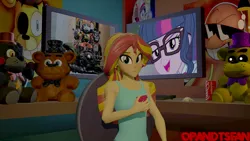 Size: 3840x2160 | Tagged: safe, artist:optimussparkle, derpibooru import, sci-twi, sunset shimmer, twilight sparkle, robot, do it for the ponygram!, equestria girls, equestria girls series, spoiler:eqg series (season 2), 3d, animatronic, anti-villain, chair, clothes, coca-cola, computer, computer mouse, confident, crossover, five nights at freddy's, freddy fazbear, gamer girl, golden freddy, implied lesbian, implied scitwishimmer, implied shipping, indie game, indoors, keyboard, lefty, looking at you, mobile phone, molten freddy, monitor, multicolored hair, one eyed, phone, scrap baby, shimmercode, sitting, smiling, smiling at you, source filmmaker, springtrap, sunglasses, tanktop, tomboy, watermark, worms, yellow skin