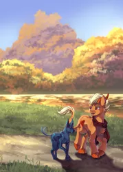 Size: 2500x3500 | Tagged: safe, artist:breioom, derpibooru import, oc, oc:orobas, unofficial characters only, dog, dracony, dragon, hybrid, pony, autumn, clothes, duo, horns, male, reflection, salawa, scarf, scenery, scenery porn, stallion