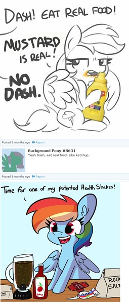 Size: 552x1300 | Tagged: safe, artist:tjpones, derpibooru import, edit, rainbow dash, pegasus, pony, anonymous, blender (object), blue background, derpibooru user, dialogue, female, food, ketchup, mare, mustard, offscreen character, rainbow dumb, rainbow mustard, salt, sauce, simple background, solo, that pony sure does love mustard, this will end in diarrhea, this will end in tears, this will not end well, toothpaste, white background