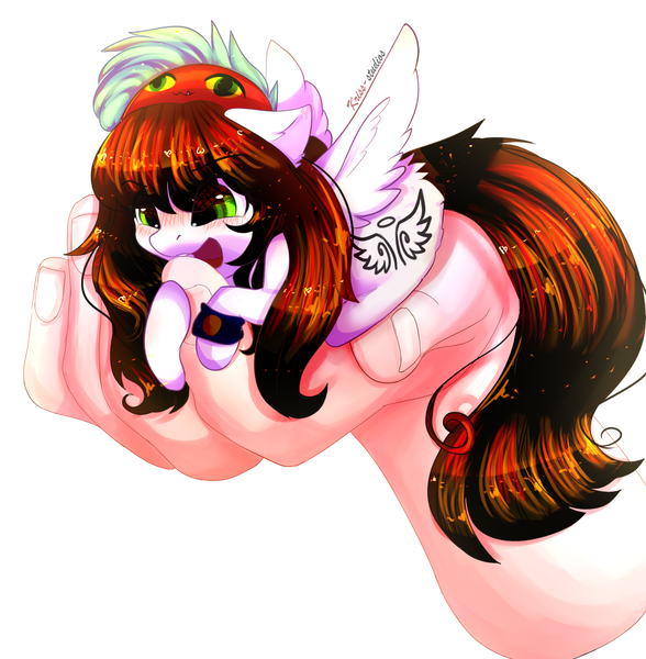 Size: 2197x2243 | Tagged: safe, artist:1fresita, derpibooru import, oc, oc:elizabeth, human, pegasus, pony, female, hand, in goliath's palm, mare, micro, simple background, solo, white background