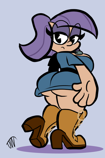 Size: 1050x1575 | Tagged: suggestive, artist:joeywaggoner, derpibooru import, boulder (pet), maud pie, human, ass, boots, boulder buns, breasts, busty maud pie, butt, clothes, curvy, female, high heel boots, humanized, looking at you, looking back, looking back at you, pacman eyes, rear view, rock, schrödinger's pantsu, shoes, simple background, thick, thighs