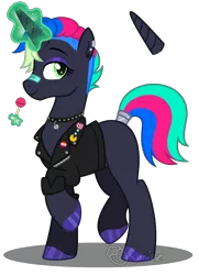 Size: 1377x1905 | Tagged: safe, artist:strawberry-spritz, derpibooru import, oc, unofficial characters only, pony, unicorn, choker, clothes, female, jacket, magic, mare, simple background, solo, spiked choker, transparent background