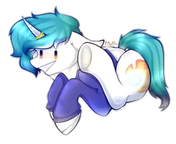 Size: 1877x1533 | Tagged: safe, artist:b-fluff, derpibooru import, oc, oc:snowy blue, pony, unicorn, clothes, commission, funny face, hoodie, jewelry, male, pac-man, ring, simple background, solo, stallion, sweater, transparent background, white fur, ych result