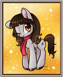 Size: 1972x2394 | Tagged: safe, artist:bunnini, derpibooru import, oc, unofficial characters only, earth pony, pony, clothes, female, mare, one ear down, one eye closed, ponysona, scarf, solo, wink
