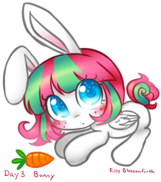 Size: 864x974 | Tagged: safe, artist:bunnini, derpibooru import, blossomforth, pegasus, pony, ask filly blossomforth, bunny ears, carrot, colored pupils, female, filly, filly blossomforth, food, simple background, solo, transparent background, younger