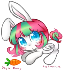 Size: 864x974 | Tagged: safe, artist:bunnini, derpibooru import, blossomforth, pegasus, pony, ask filly blossomforth, bunny ears, carrot, colored pupils, female, filly, filly blossomforth, food, simple background, solo, transparent background, younger