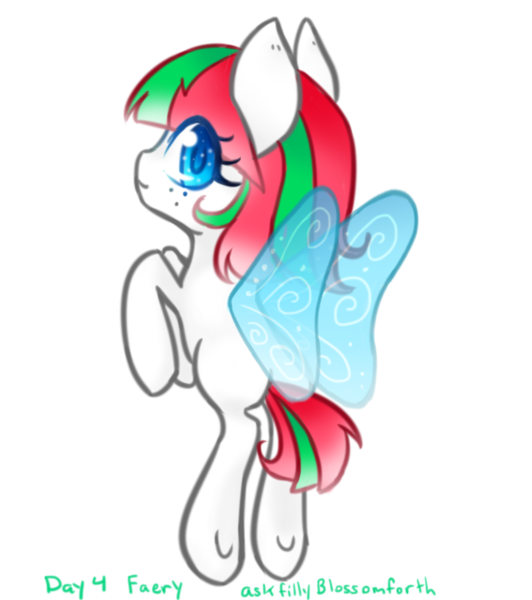 Size: 864x974 | Tagged: safe, artist:bunnini, derpibooru import, blossomforth, fairy, fairy pony, original species, pegasus, pony, ask filly blossomforth, blank flank, colored pupils, fairy wings, fairyized, female, filly, filly blossomforth, simple background, solo, transparent background, wings, younger