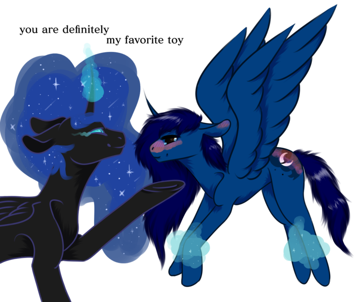 Size: 1200x1000 | Tagged: suggestive, artist:lebalisa, derpibooru import, nightmare moon, oc, oc:midnight, alicorn, pony, alicorn oc, bedroom eyes, blushing, bondage, canon x oc, commission, eyeshadow, female, femdom, femsub, glowing horn, horn, lesbian, levitation, magic, magical bondage, makeup, raised hoof, simple background, submissive, telekinesis, transparent background, wings, ych result