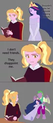 Size: 1729x3993 | Tagged: safe, artist:fantasygerard2000, derpibooru import, luster dawn, princess twilight 2.0, spike, twilight sparkle, twilight sparkle (alicorn), alicorn, anthro, dragon, equestria girls, the last problem, book, chair, clothes, comic, crown, desk, dress, equestria girls-ified, gloves, green background, heart attack, jewelry, older, older twilight, ponytail, regalia, simple background