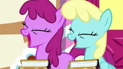 Size: 1280x720 | Tagged: safe, derpibooru import, screencap, berry punch, berryshine, sassaflash, earth pony, pegasus, pony, fame and misfortune, berrybetes, cute, duo, eyes closed, female, friendship journal, laughing, mare, open mouth, sassabetes