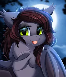 Size: 1722x2003 | Tagged: safe, artist:pridark, derpibooru import, oc, oc:sweet night, bat pony, pony, :p, bat pony oc, bat wings, bust, commission, cute, full moon, looking at you, moon, night, night sky, ocbetes, portrait, sky, solo, tongue out, underhoof, wings