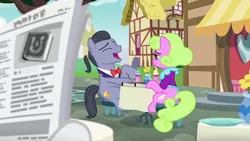 Size: 1280x720 | Tagged: safe, derpibooru import, screencap, diamond cutter, lavender bloom, earth pony, pony, fame and misfortune, laughing, male, newspaper, stallion