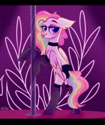 Size: 1911x2271 | Tagged: suggestive, artist:al-lat, derpibooru import, oc, oc:cheery candy, unofficial characters only, pegasus, pony, bedroom eyes, bipedal, black underwear, blushing, butt, choker, clothes, commission, eyeshadow, female, fishnets, makeup, mare, multicolored hair, panties, plot, rainbow hair, raised hoof, socks, solo, solo female, stage, stockings, stripper, stripper pole, thigh highs, tongue out, underwear, ych result