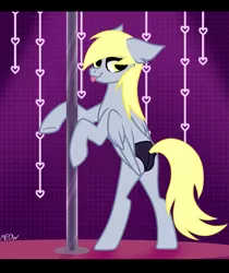 Size: 1905x2271 | Tagged: suggestive, artist:olivi, derpibooru import, derpy hooves, pegasus, pony, bedroom eyes, bipedal, black underwear, butt, clothes, commission, female, mare, panties, plot, raised hoof, solo, solo female, stage, stripper, stripper pole, tongue out, underwear, ych result