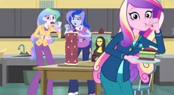 Size: 1488x814 | Tagged: safe, derpibooru import, screencap, princess cadance, princess celestia, princess luna, acadeca, equestria girls, friendship games, :t, brooch, cake, cakelestia, caught, clothes, cropped, cutie mark, cutie mark accessory, cutie mark brooch, cutie mark on clothes, dean cadance, eating, end credits, female, food, fork, guilty pleasure, jewelry, looking at you, mona lisa, open mouth, picture, plate, principal celestia, right there in front of me, shocked, siblings, sisters, spoon, trio, trio female, vice principal luna, wide eyes