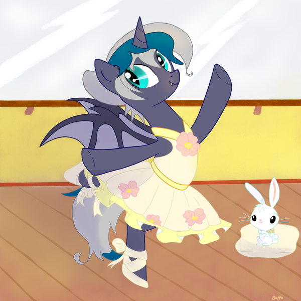 Size: 2500x2500 | Tagged: safe, artist:saffa, derpibooru import, oc, oc:elizabat stormfeather, unofficial characters only, alicorn, bat pony, bat pony alicorn, pony, rabbit, alicorn oc, alternate hairstyle, animal, ballerina, ballet, ballet slippers, bat pony oc, bat wings, clothes, commission, cute, dress, female, horn, mare, ocbetes, pillow, raised hoof, raised leg, skirt, solo, tutu, wings, ych result