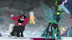 Size: 1920x1080 | Tagged: safe, derpibooru import, screencap, cozy glow, lord tirek, queen chrysalis, alicorn, centaur, changeling, changeling queen, pony, the ending of the end, alicornified, bow, cape, clothes, cloud, cloven hooves, colored hooves, cozycorn, dark clouds, female, filly, hair bow, male, nose piercing, nose ring, piercing, race swap, trio, ultimate chrysalis