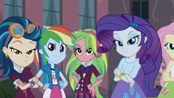 Size: 1920x1080 | Tagged: safe, derpibooru import, screencap, fluttershy, indigo zap, lemon zest, rainbow dash, rarity, equestria girls, friendship games, clothes, female, lidded eyes, looking at you, mixed reactions, skirt, smiling, smirk, unamused, varying degrees of want