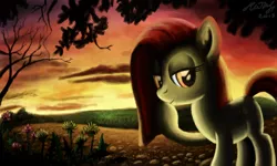 Size: 854x512 | Tagged: safe, artist:dreamyskies, derpibooru import, oc, pony, cloud, complex background, detailed, detailed background, looking at you, pony oc, scenery, signature, sunset