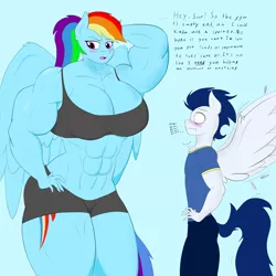 Size: 3000x3000 | Tagged: suggestive, artist:astrum, derpibooru import, rainbow dash, soarin', anthro, pegasus, abs, alternate hairstyle, amazon, arm behind head, awkward, biceps, blushing, blushing profusely, breasts, busty rainbow dash, chest fluff, cleavage, clothes, comic, deltoids, dialogue, digital art, duo, feather, female, flirting, frown, hand on hip, height difference, image, larger female, looking to side, looking up, male, midriff, muscles, muscular female, muscular male, nervous, obscured cutie mark, onomatopoeia, open mouth, png, ponytail, rainbuff dash, scared, shipping, shirt, shorts, simple background, size difference, sketch, smaller male, soarindash, sports bra, sports shorts, spread wings, straight, t-shirt, tail whip, talking, thighs, thinking, thunder thighs, tsunderainbow, tsundere, wingboner, wings, workout outfit