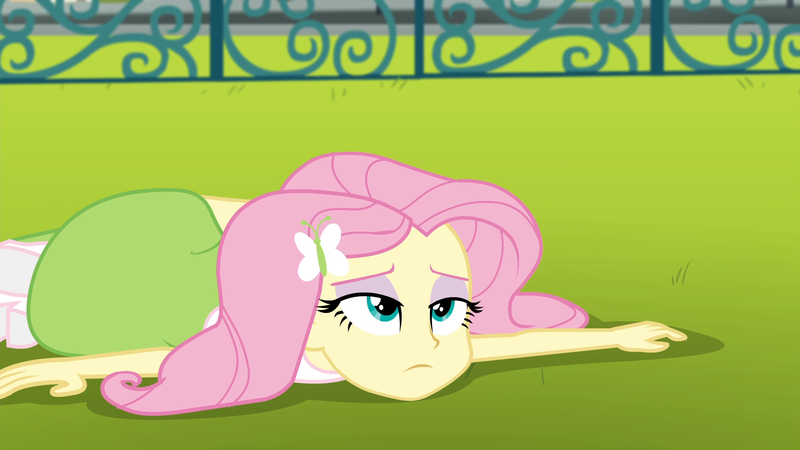 Size: 1920x1080 | Tagged: safe, derpibooru import, screencap, fluttershy, equestria girls, friendship games, cropped, exhausted, female, lidded eyes, limp, solo, tired