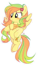 Size: 1024x1642 | Tagged: safe, artist:lazuli, derpibooru import, oc, unofficial characters only, pegasus, pony, commission, flower, flower in hair, flying, freckles, hoof on chest, hoof on hip, neckerchief, pegasus oc, signature, simple background, solo, transparent background, wings, ych result