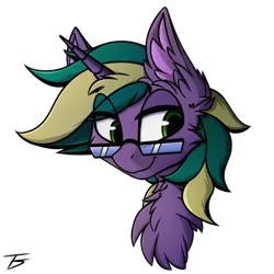 Size: 2000x2000 | Tagged: safe, artist:thefunnysmile, derpibooru import, oc, oc:pixelated star, unofficial characters only, pony, unicorn, bust, cheek fluff, chest fluff, ear fluff, fluffy, glasses, green eyes, portrait, simple background, smiling, solo, transparent background