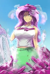 Size: 1377x2039 | Tagged: safe, artist:oberon826, derpibooru import, fluttershy, equestria girls, my little pony: pony life, big breasts, breasts, busty fluttershy, cloud, cross-popping veins, destruction, equestria girls interpretation, female, giantess, giantshy, growth, macro, scene interpretation, sky