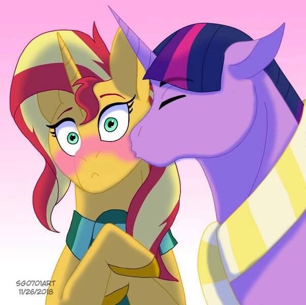 Size: 1080x1077 | Tagged: safe, alternate version, artist:stargazerseven, derpibooru import, sunset shimmer, twilight sparkle, pony, unicorn, blushing, bust, clothes, colored, dusk shine, eyes closed, female, good art made from toilet, gradient background, kiss on the cheek, kissing, lesbian, male, rule 63, scarf, shipping, stallion, straight, sunsetsparkle, wide eyes