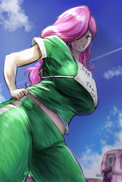 Size: 1377x2039 | Tagged: suggestive, alternate version, artist:oberon826, derpibooru import, fluttershy, equestria girls, my little pony: pony life, spoiler:pony life s01e42, big breasts, breasts, busty fluttershy, cloud, cross-popping veins, equestria girls interpretation, female, flutterdash (episode), giantess, giantshy, macro, scene interpretation, sky