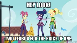 Size: 600x337 | Tagged: safe, derpibooru import, edit, edited screencap, screencap, applejack, sci-twi, sour sweet, twilight sparkle, equestria girls, friendship games, caption, image macro, implied lesbian, memeful.com, text