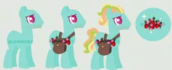 Size: 1125x461 | Tagged: safe, artist:lavaroses, artist:selenaede, derpibooru import, oc, unofficial characters only, earth pony, pony, bag, base used, flower, green background, male, offspring, parent:rainbow dash, parent:zephyr breeze, parents:zephdash, saddle bag, simple background, solo, stallion, watermark