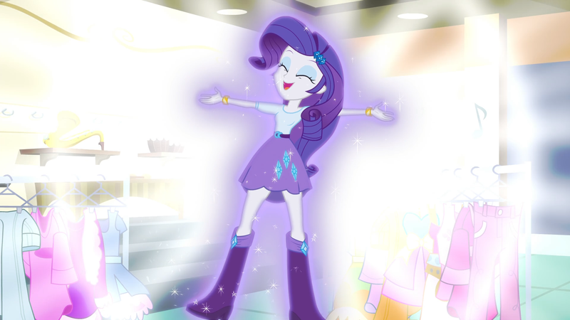 Size: 1920x1080 | Tagged: safe, derpibooru import, screencap, rarity, equestria girls, friendship games, abstract background, aura, boots, bracelet, clothes, clothes rack, cute, female, high heel boots, jewelry, open mouth, raribetes, shoes, skirt, smiling, solo, sparkles, transformation